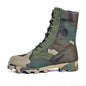 Men's tactical hiking boots with high-top design, shock-absorbing soles, rugged outdoor style, suitable for training and outdoor activities.