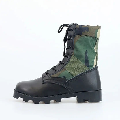 Men's tactical hiking boots with high-top design, shock-absorbing soles, and durable hard sole for outdoor training activities.