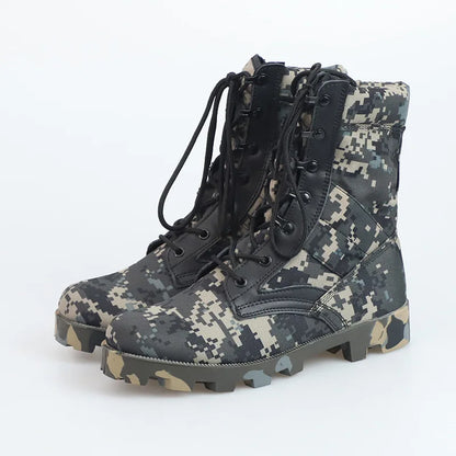 Men's tactical hiking boots with high-top design, shock-absorbing soles, and durable hard-sole construction for outdoor training.