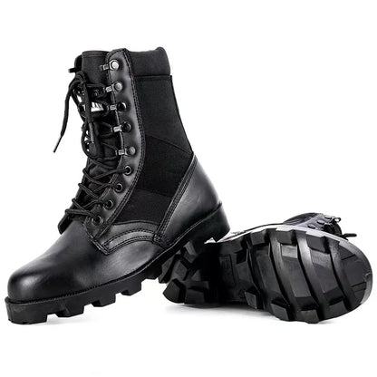 Men's tactical hiking boots with high-top design, shock-absorbing soles, and durable hard-soled construction for outdoor training.