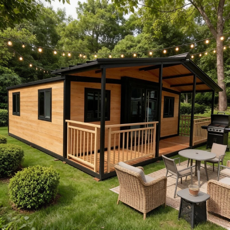 Modern 20ft and 40ft expandable container houses by BACKUPMYFILESNOW.COM®, featuring prefabricated design for tiny homes, cabins, and garden rooms.