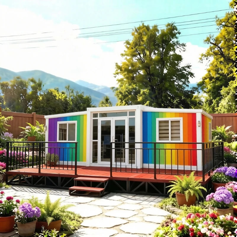 Modern 20ft and 40ft expandable container houses by BACKUPMYFILESNOW.COM® in a forest setting, showcasing luxury tiny home and garden room design.