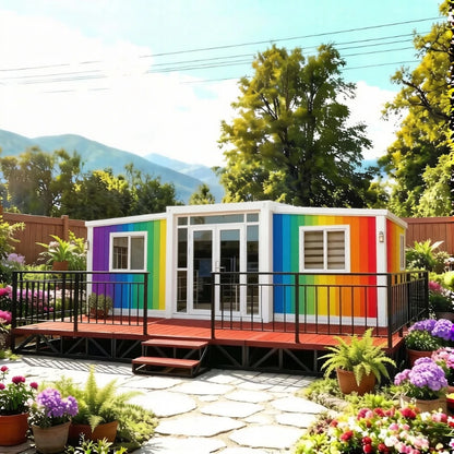 Modern 20ft and 40ft expandable container houses by BACKUPMYFILESNOW.COM® in a forest setting, showcasing luxury tiny home and garden room design.