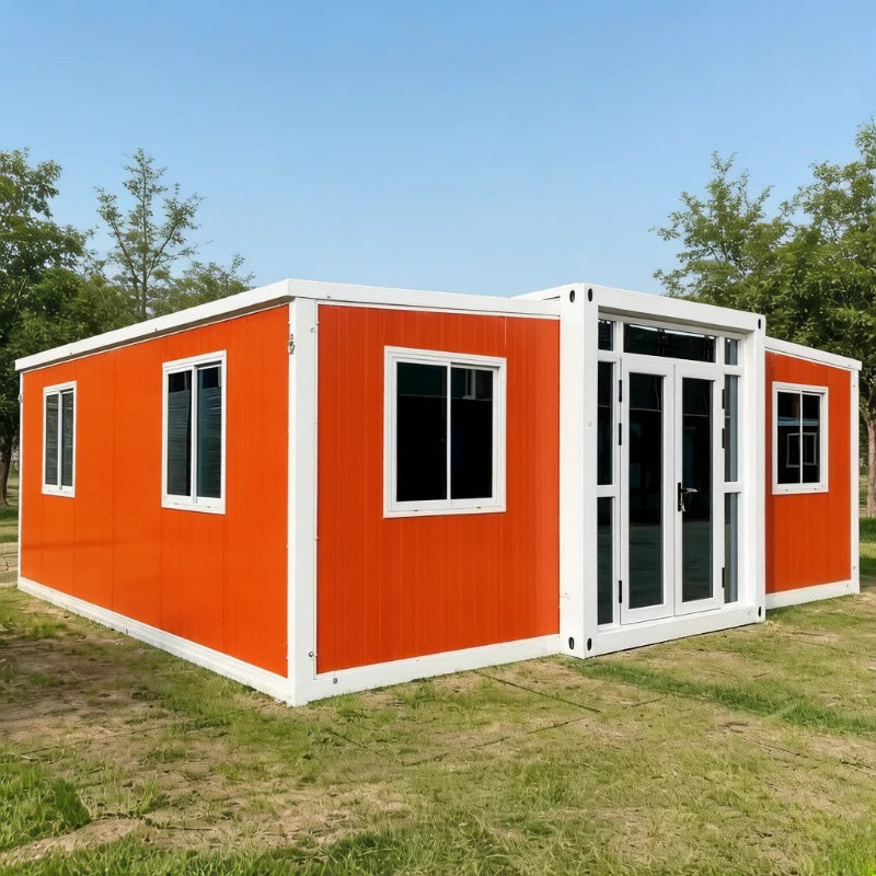 Modern 20ft and 40ft expandable container house by BACKUPMYFILESNOW.COM, featuring prefabricated design and forest cabin style.