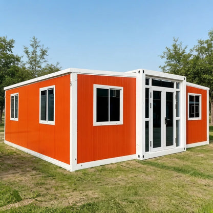 Modern 20ft and 40ft expandable container house by BACKUPMYFILESNOW.COM, featuring prefabricated design and forest cabin style.
