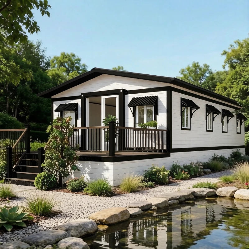 Modern 20ft and 40ft expandable container houses by BACKUPMYFILESNOW.COM® in a forest setting, showcasing luxury tiny home and garden room design.