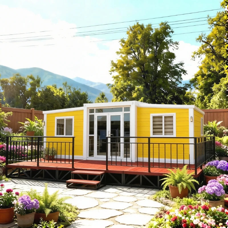 Modern 20ft and 40ft expandable container houses by BACKUPMYFILESNOW.COM®, showing sleek prefabricated tiny homes and forest cabins.