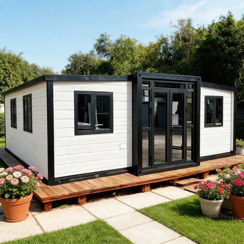 Modern 20ft and 40ft expandable container house by BACKUPMYFILESNOW.COM®, showing sleek exterior in a forest setting for tiny home living.