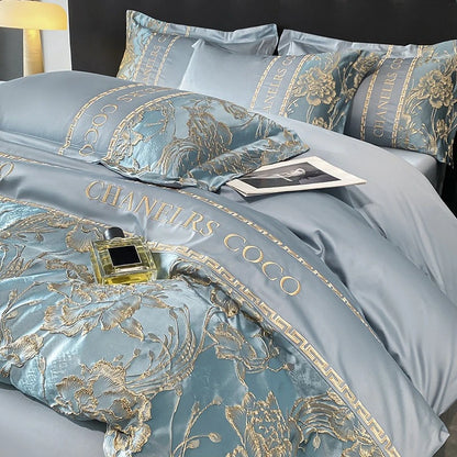 Luxury European bedding set with cotton embroidery, includes quilt cover, sheets, and hats, designed for a high-end sleep experience.