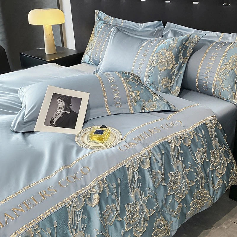 European luxury cotton bedding set with embroidered quilt cover, sheets, and hats, featuring high-end design for senior comfort.