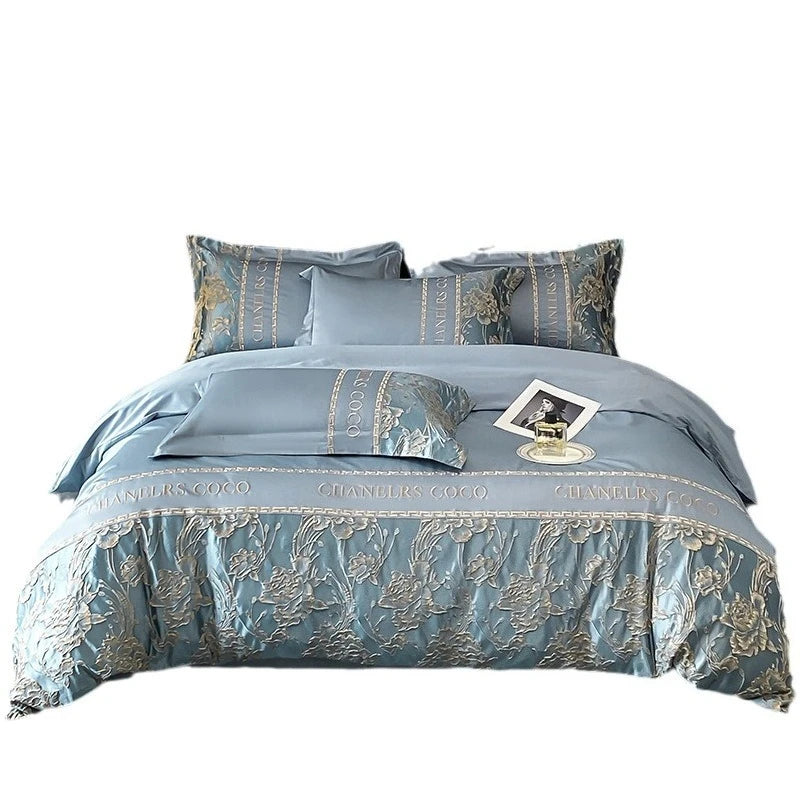 Luxury European bedding set with cotton embroidery, four-piece quilt cover sheets and matching hats, high-end and elegant.