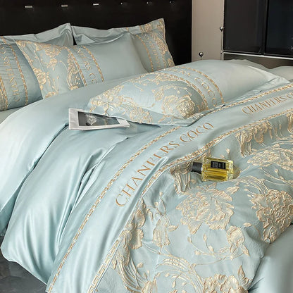 Luxury European bedding set with cotton embroidery, includes quilt cover, sheets, and hats, designed for senior sense bedding comfort.