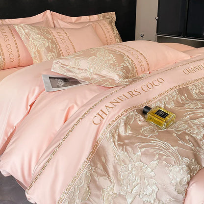 High-end European luxury cotton bedding set with embroidered quilt cover, sheets, and matching hats, designed for senior comfort.