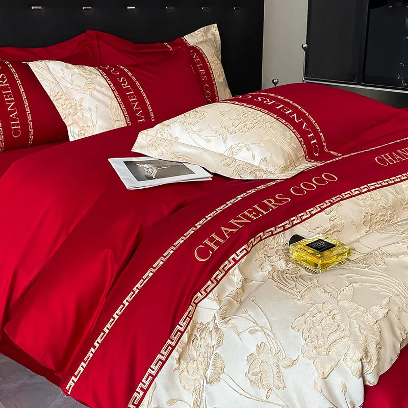 Luxury European bedding set by BACKUPMYFILESNOW.COM®, includes cotton quilt cover, sheets, embroidery details, and matching hats.