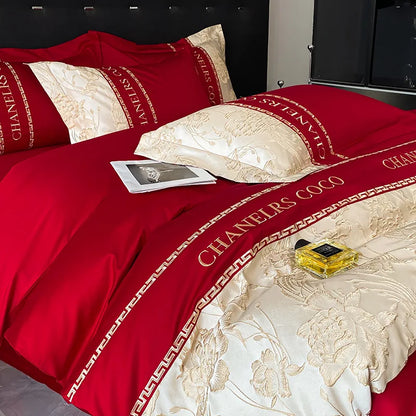 Luxury European bedding set by BACKUPMYFILESNOW.COM®, includes cotton quilt cover, sheets, embroidery details, and matching hats.