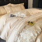 European luxury cotton bedding set with embroidered quilt cover, sheets, and hats, designed for senior comfort and elegant sleep.