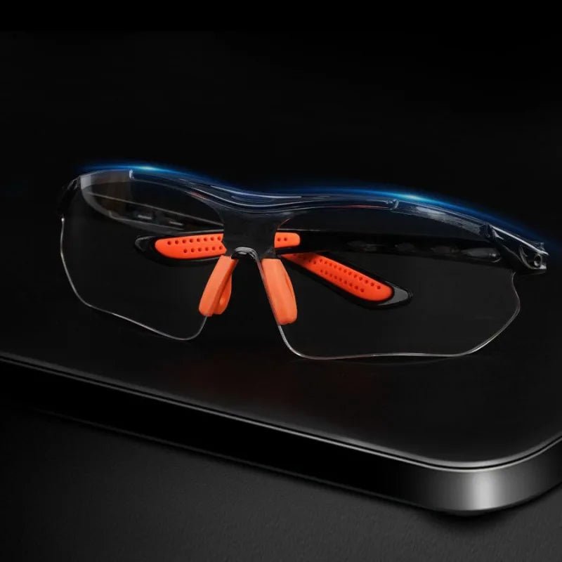 Cycling safety goggles from BACKUPMYFILESNOW.COM® with windproof, vented HD lenses, protective for lab work and motorcycle riding.