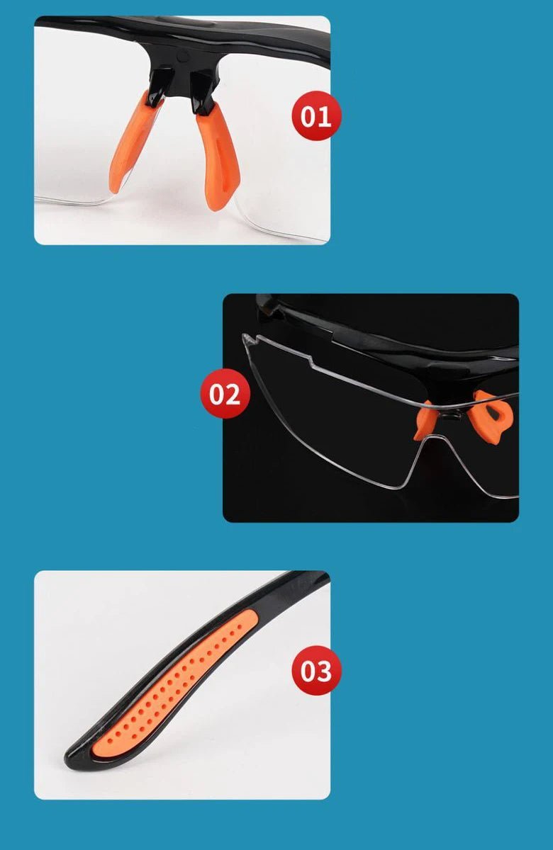 Vented safety goggles from BACKUPMYFILESNOW.COM® with clear lenses, designed for cycling, lab work, and motorcycle protection.