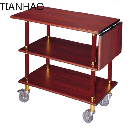 Solid wood three-layer service cart for hotels and restaurants, featuring wheels and compartments for food, wine, and desserts.