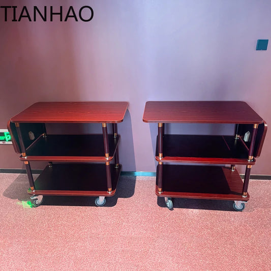 Solid wood three-layer service cart with wheels, designed for hotel, restaurant, or food delivery use, perfect for serving wine and desserts.