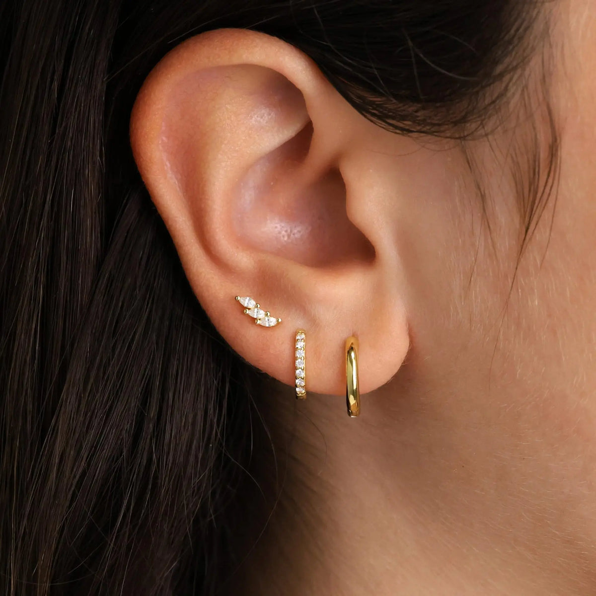 Set of 3 zircon hoop earrings for women, stainless steel huggies, stylish cartilage piercing jewelry with delicate design.