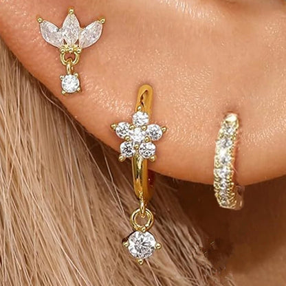Three pairs of zircon hoop earrings for women, stainless steel cartilage earrings set with delicate, shiny huggie jewelry.