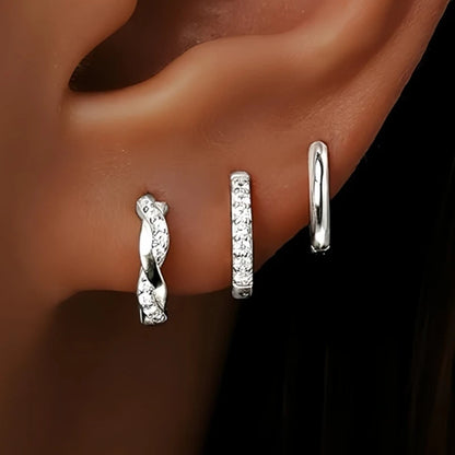 Set of 3 zircon hoop earrings for women, stainless steel huggies, perfect for cartilage piercings and jewelry styling.