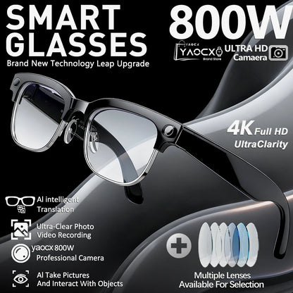 2026 new smart glasses with 4K camera, HD video recording, AI photo recognition, Bluetooth, call translation, and voice features.