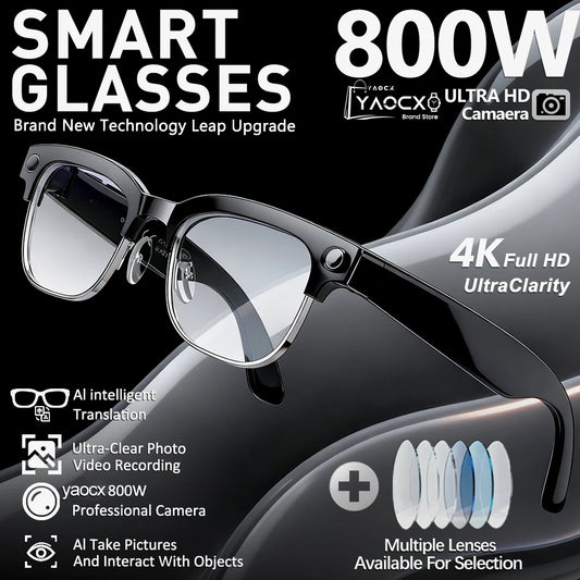 2026 new smart glasses with 4K camera, HD video recording, AI photo recognition, Bluetooth, call translation, and voice features.