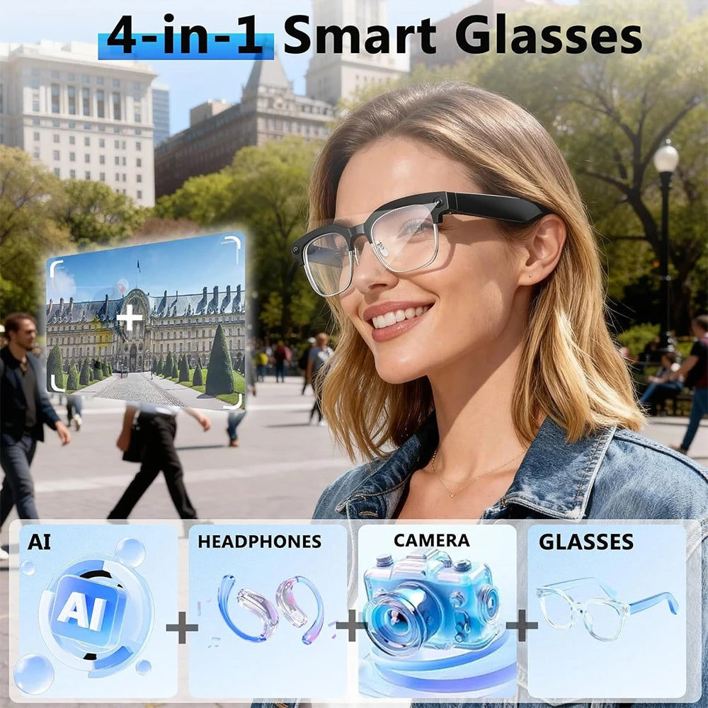 Smart glasses with 4K camera, Bluetooth, AI photo recognition, and voice translation, featuring ultra-wide HD display and sleek design.
