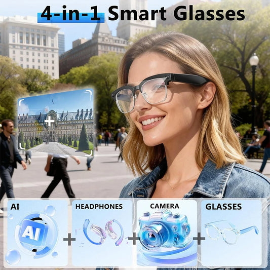 Smart glasses with 4K camera, Bluetooth, AI photo recognition, and voice translation, featuring ultra-wide HD display and sleek design.