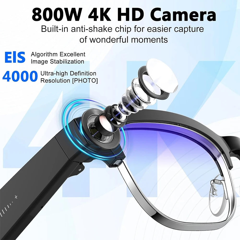 2026 new smart glasses with 4K camera, HD video, AI photo recognition, Bluetooth calling, and translation features.