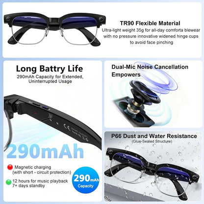 Smart glasses with 4K camera, HD wide-angle lens, Bluetooth, AI photo recognition, and voice translation features.