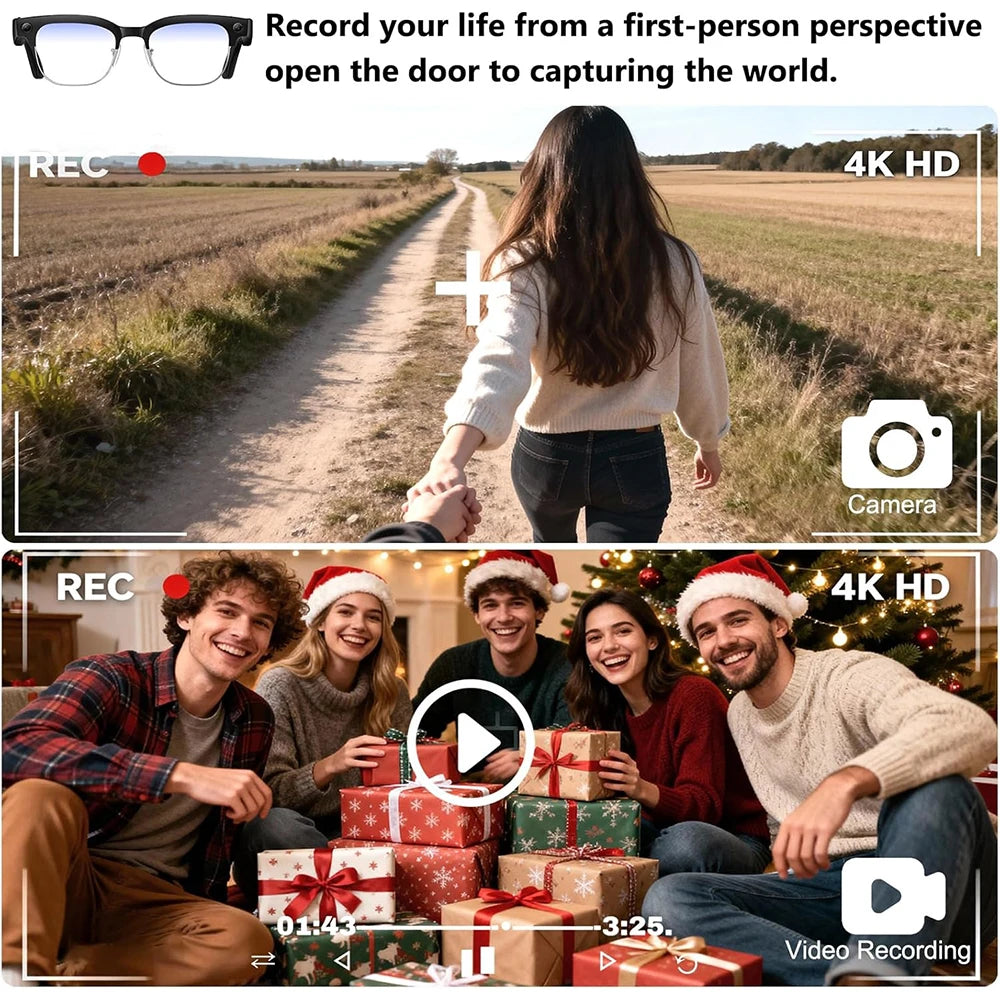Smart glasses with 4K camera, HD video recording, AI photo recognition, Bluetooth, and voice translation features.