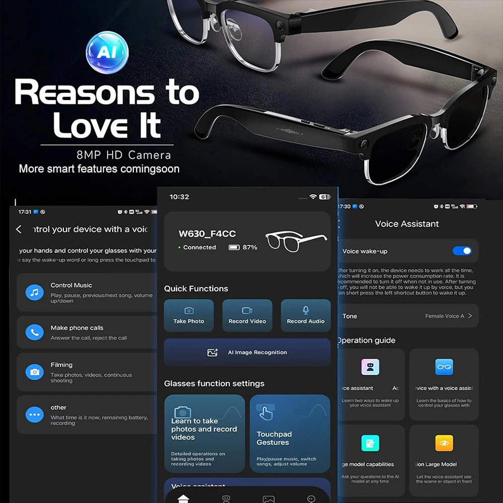 2026 new smart glasses with 4K camera, HD video recording, AI photo recognition, Bluetooth call, and translation features.
