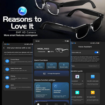 2026 new smart glasses with 4K camera, HD video recording, AI photo recognition, Bluetooth call, and translation features.
