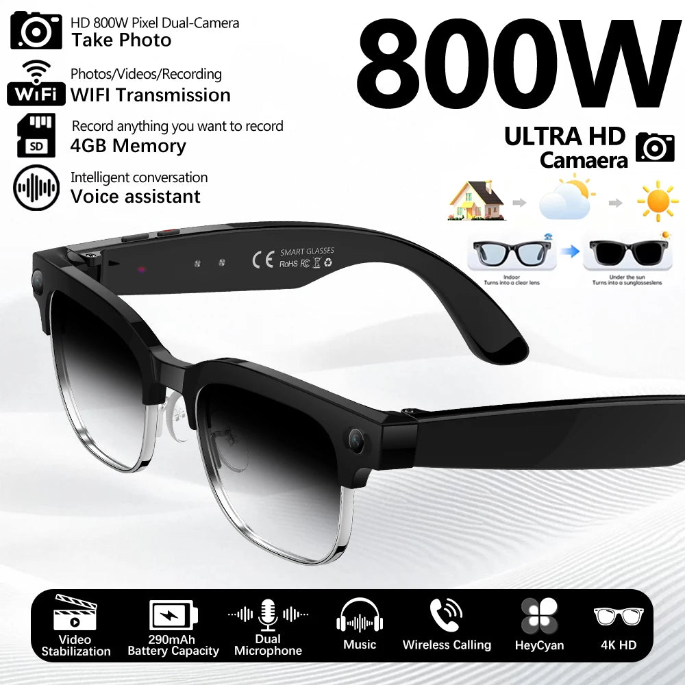Smart glasses with ultra-wide HD 4K camera, Bluetooth, AI photo recognition, and voice translation, designed for video recording.