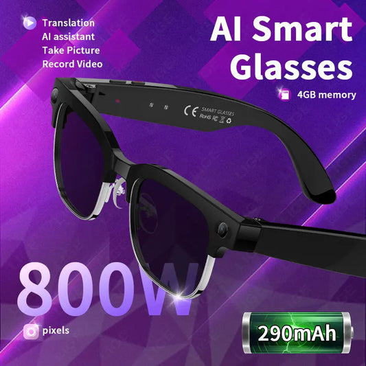 Smart glasses with AI, 8MP camera, video recording, photo recognition, translation, waterproof IP66, Bluetooth, 290mAh battery.