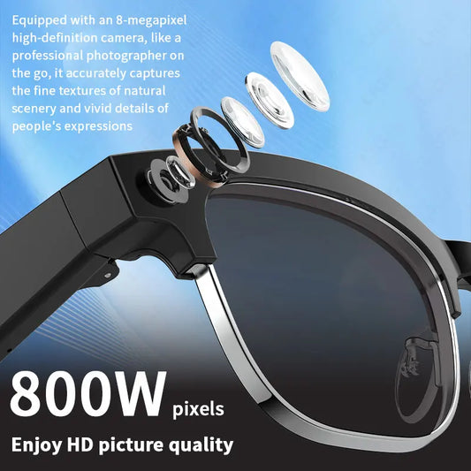 Smart AI glasses with 8MP camera, video recording, photo recognition, translation, waterproof IP66, Bluetooth, and 290mAh battery.