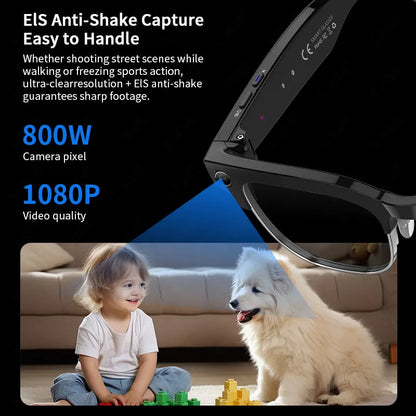 Smart AI glasses with 8MP camera, video recording, photo recognition, Bluetooth, and waterproof IP66 design.