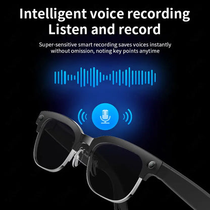 Smart AI smart glasses with 8MP camera, video recording, photo recognition, translation, Bluetooth, waterproof IP66, 290mAh battery.
