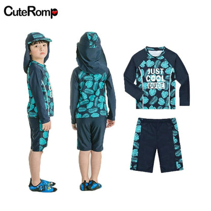 Baby boy swimwear set with hat, quick-drying fabric and sun protection, suitable for ages 2 to 10 years, by BackupMyFilesNow.com.