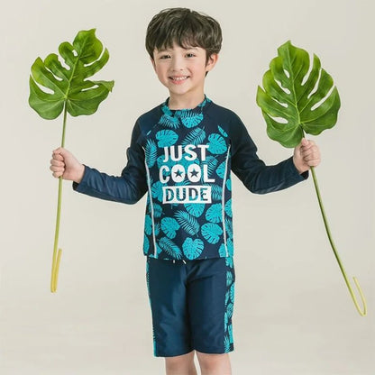 Baby boy swimwear set with quick-drying fabric and sun protection hat, suitable for ages 2 to 10 years, in bright colors.