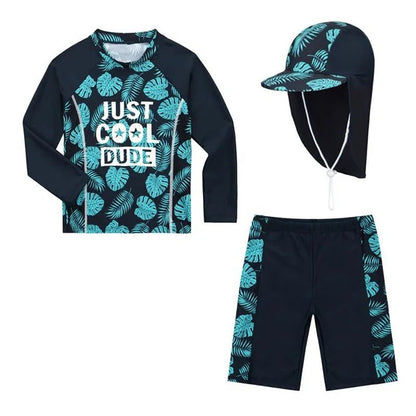 Baby boy swimwear set for ages 2-10 with quick-drying fabric and sun protection, includes swimsuit and hat, suitable for children.