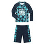 Baby boy swimwear set for ages 2-10 with quick-drying fabric and sun protection, includes swimsuit and hat, suitable for children.