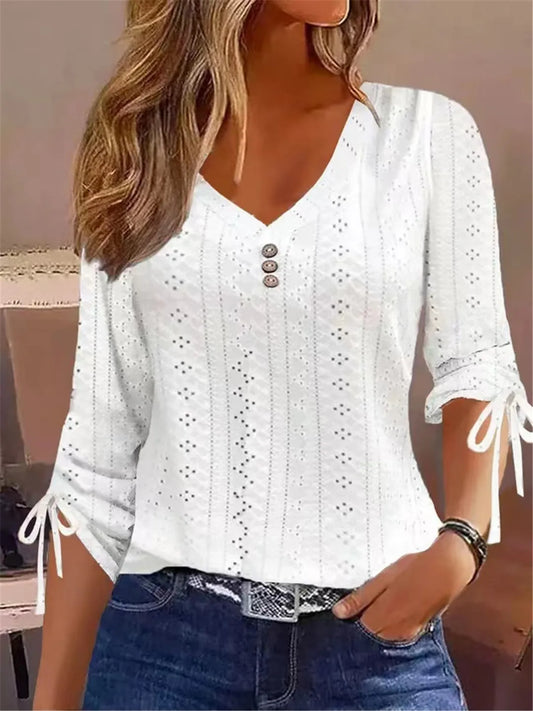 White solid lace shirt top for women, vintage Korean-style blouse, suitable for spring and autumn, casual Y2K pullover T-shirt.