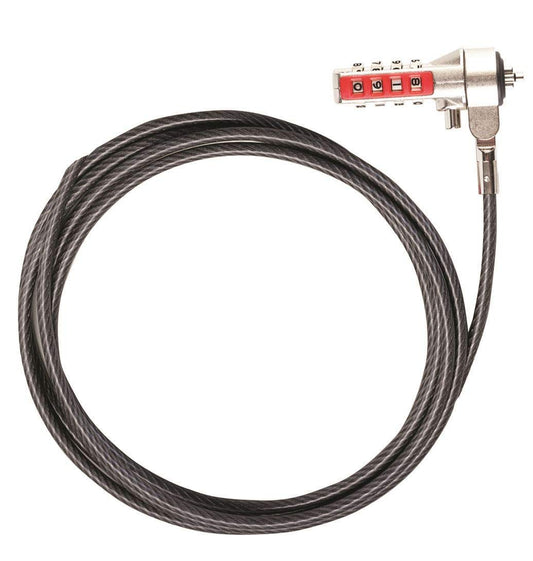 Targus DEFCON T-Lock serialized combo cable lock securing a laptop and desktop computer for security.