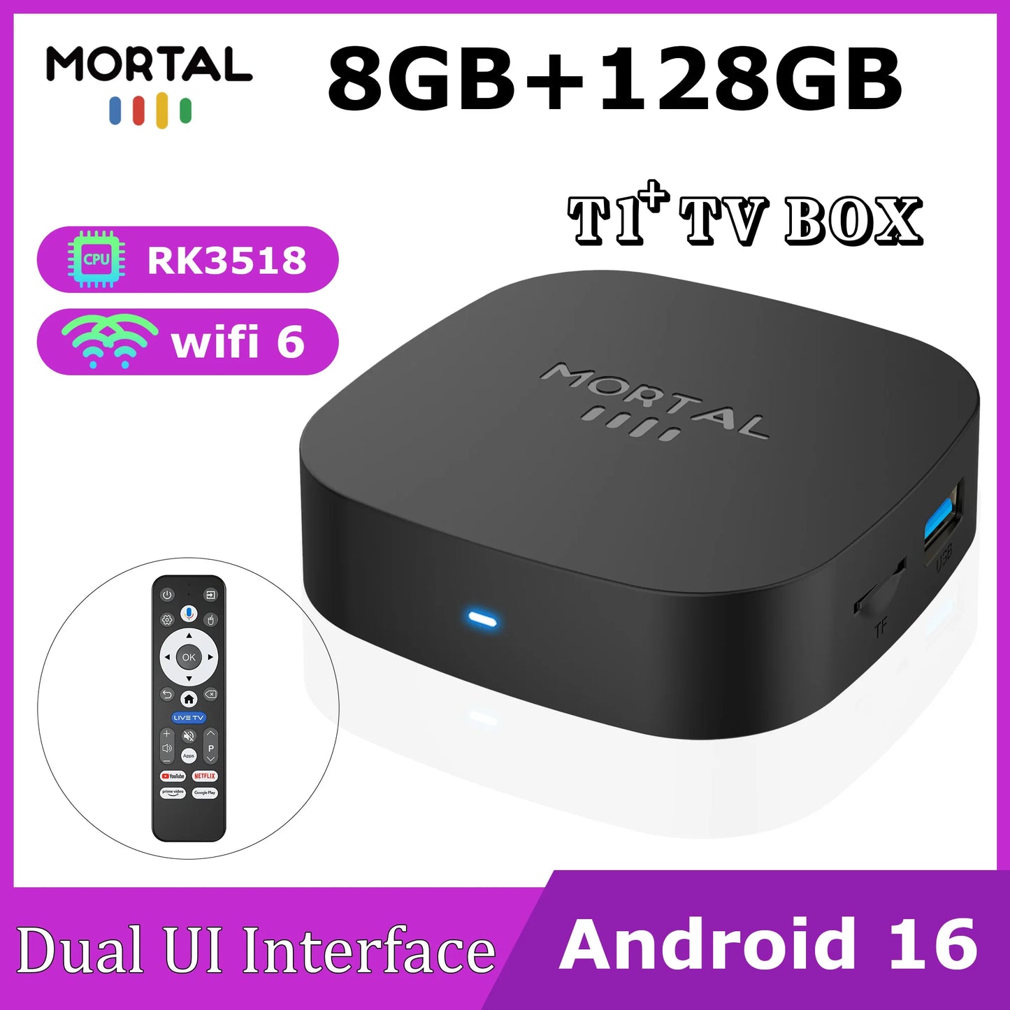 BackupMyFilesNow T1+ Smart TV Box with 8GB RAM, 128GB ROM, 8K Ultra HD, Android 16, WiFi 6, Bluetooth 5.4, dual UI interface.