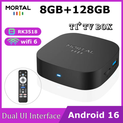 BackupMyFilesNow T1+ Smart TV Box with 8GB RAM, 128GB ROM, 8K Ultra HD, Android 16, WiFi 6, Bluetooth 5.4, dual UI interface.