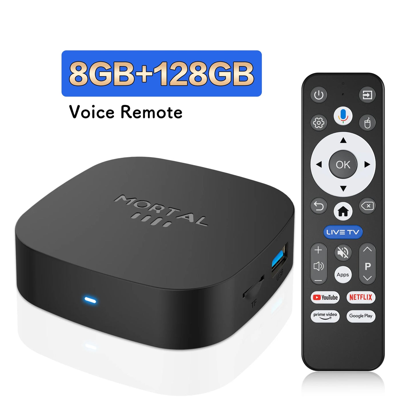BackupMyFilesNow T1+ Smart TV Box with Android, 8GB RAM, 128GB ROM, 8K Ultra HD, WiFi 6, Bluetooth 5.4, dual UI.